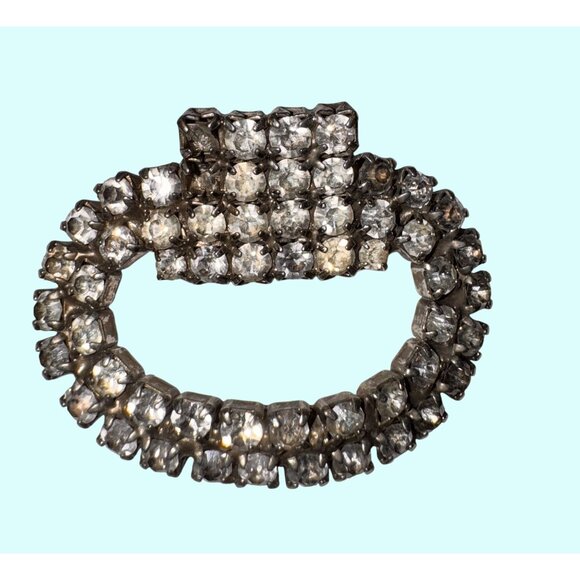 Vintage Rhinestone Belt Buckle Or Brooch Oval Shape Double Row Stones 2 Inches W - Picture 1 of 3